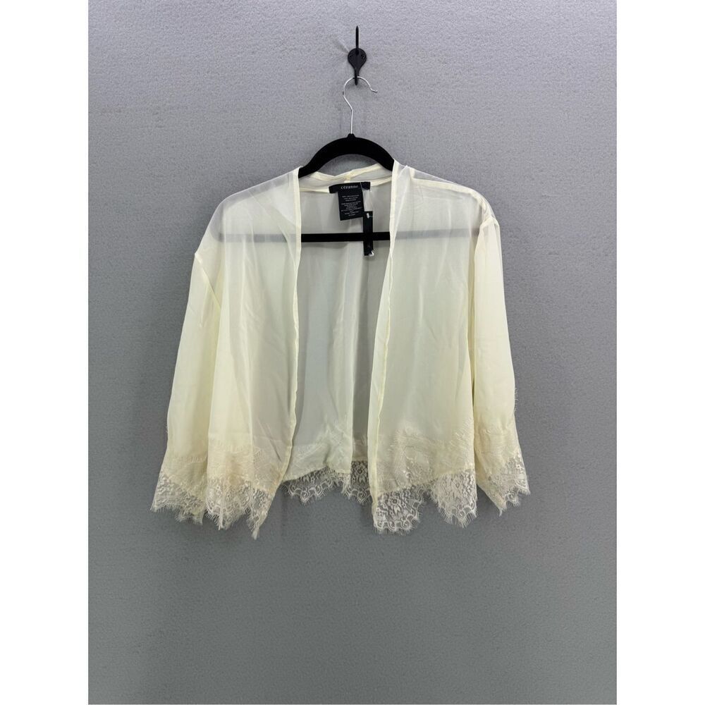 NWT Cézanne Womens Cream Lace Trim Sheer Negligee Kimono Cardigan Top One Size